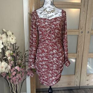 Ambition Women's Floral Ruched Midi Dress Size S Long Sleeve Femenine Romantic